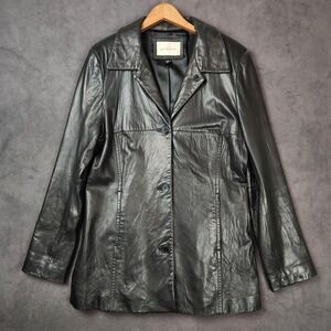 Lady Hathaway Leather Jacket Womens Large‎ Black 3 Button Notch Lapel Blazer 90s